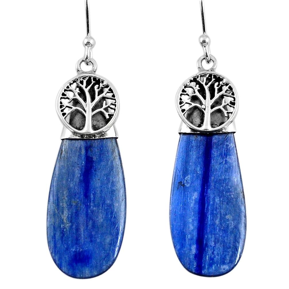 14.69cts natural blue kyanite 925 sterling silver tree of life earrings r57870