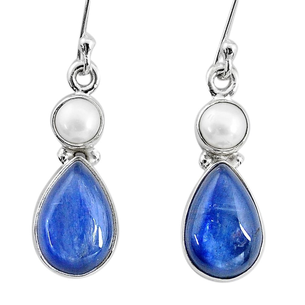 11.20cts natural blue kyanite pearl 925 sterling silver dangle earrings t2587