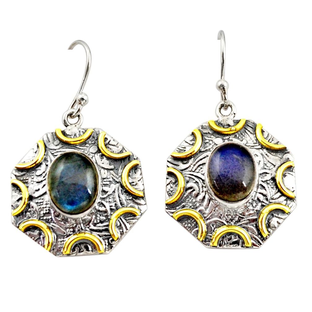 6.55cts natural blue labradorite 925 silver 14k gold dangle earrings r37199