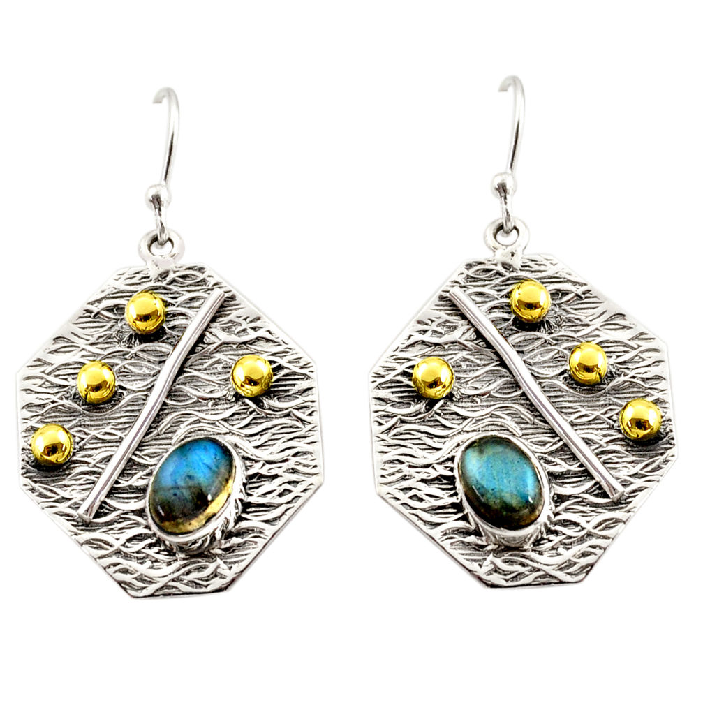 3.51cts natural blue labradorite 925 silver 14k gold dangle earrings r37237
