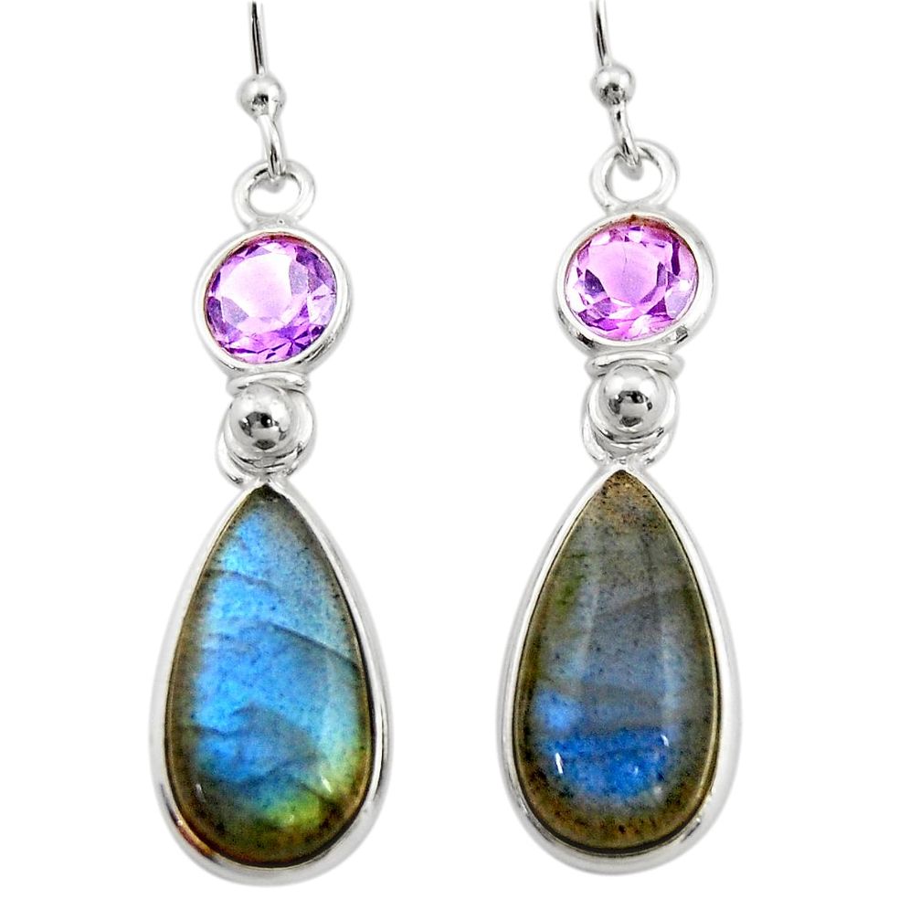 11.93cts natural blue labradorite amethyst 925 silver dangle earrings r21661