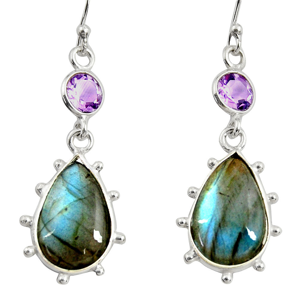 14.17cts natural blue labradorite amethyst 925 silver dangle earrings r29205