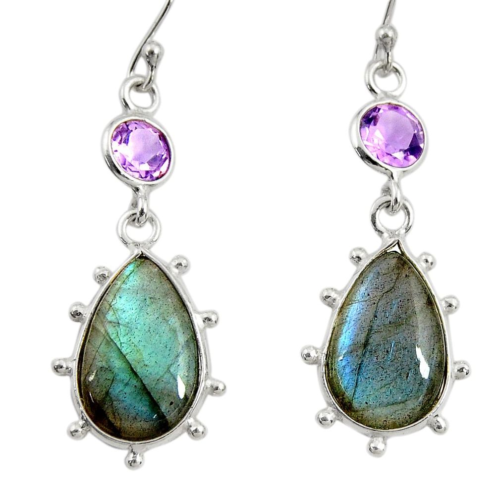 14.08cts natural blue labradorite amethyst 925 silver dangle earrings r29219