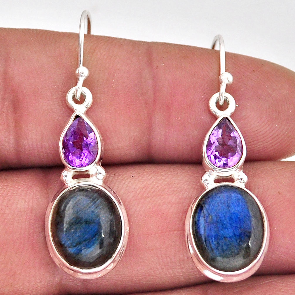 12.31cts natural blue labradorite amethyst 925 silver dangle earrings y75559