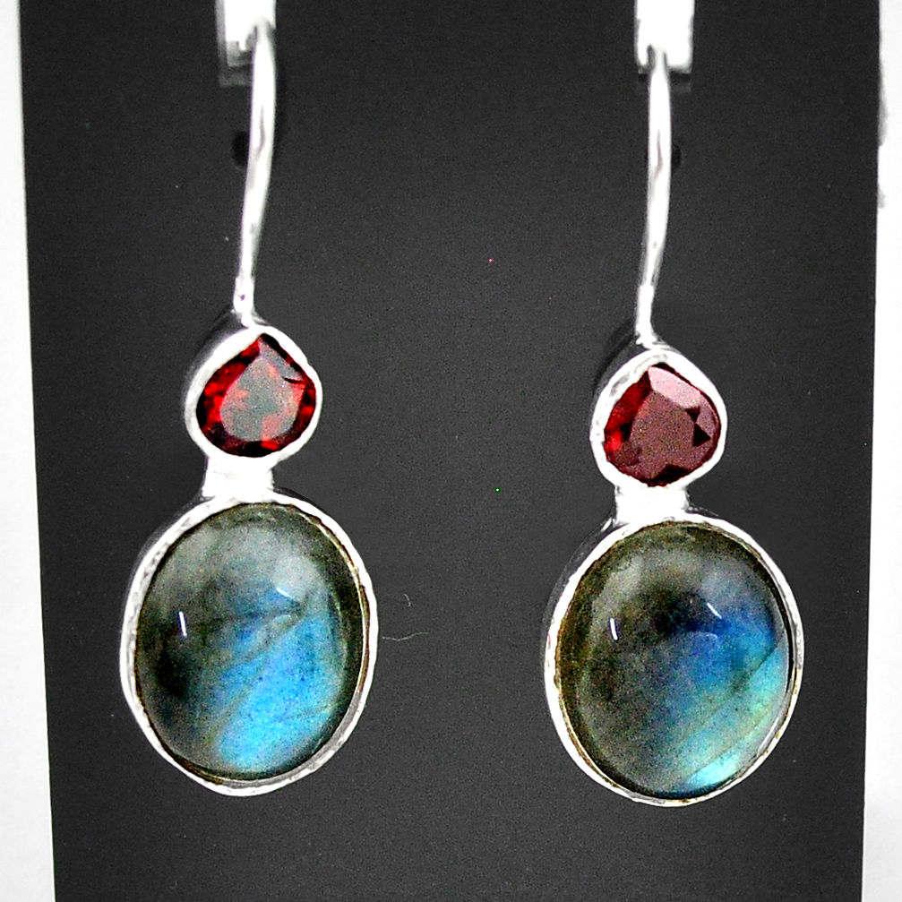 10.72cts natural blue labradorite red garnet 925 silver dangle earrings t6000