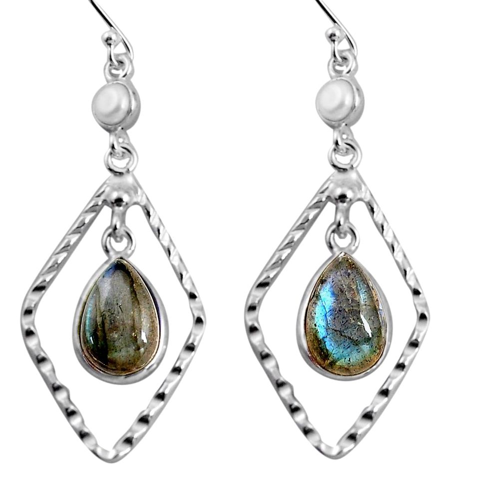 8.80cts natural blue labradorite white pearl 925 silver dangle earrings p92497