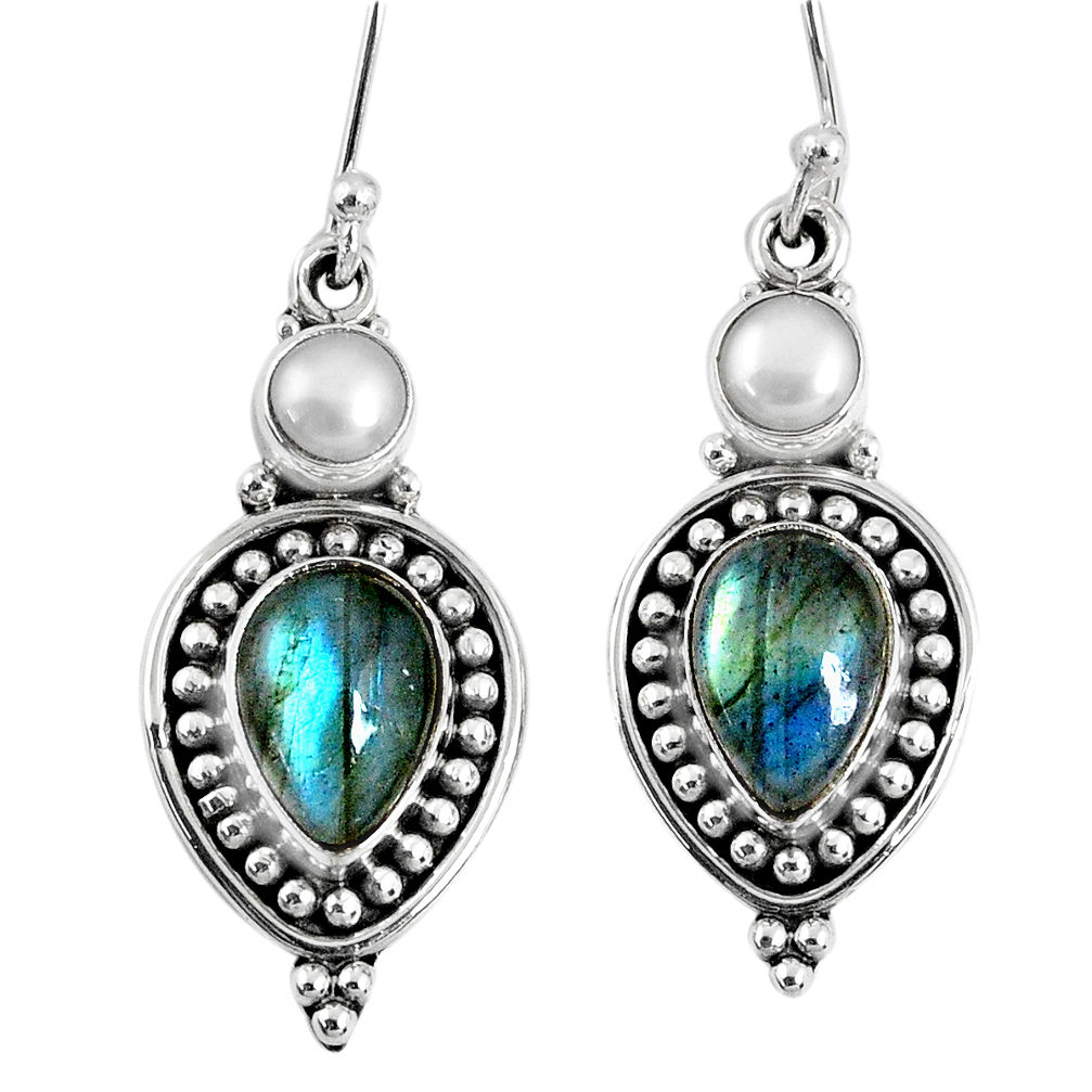 8.83cts natural blue labradorite white pearl 925 silver dangle earrings r59834