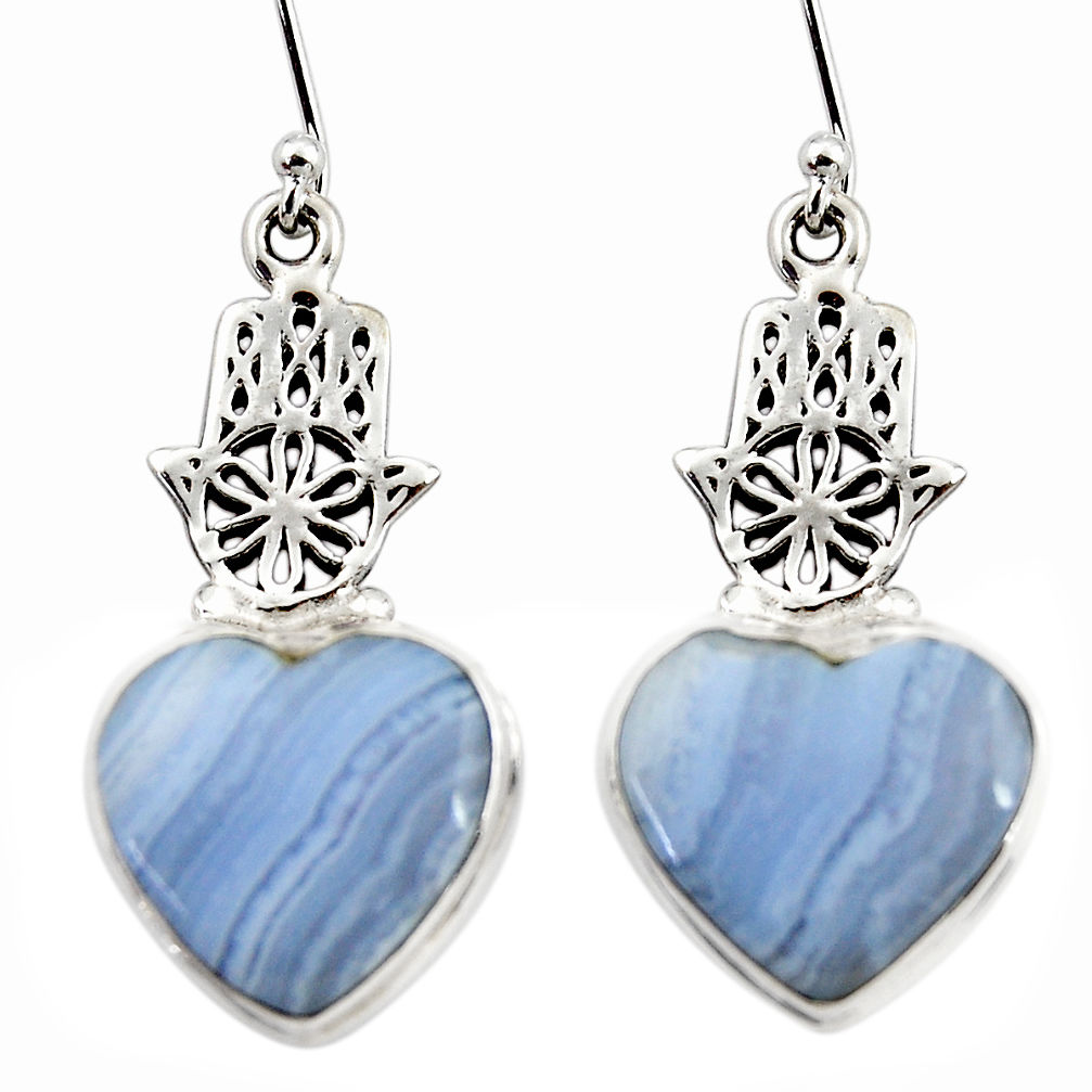 18.82cts natural blue lace agate 925 silver hand of god hamsa earrings r45319