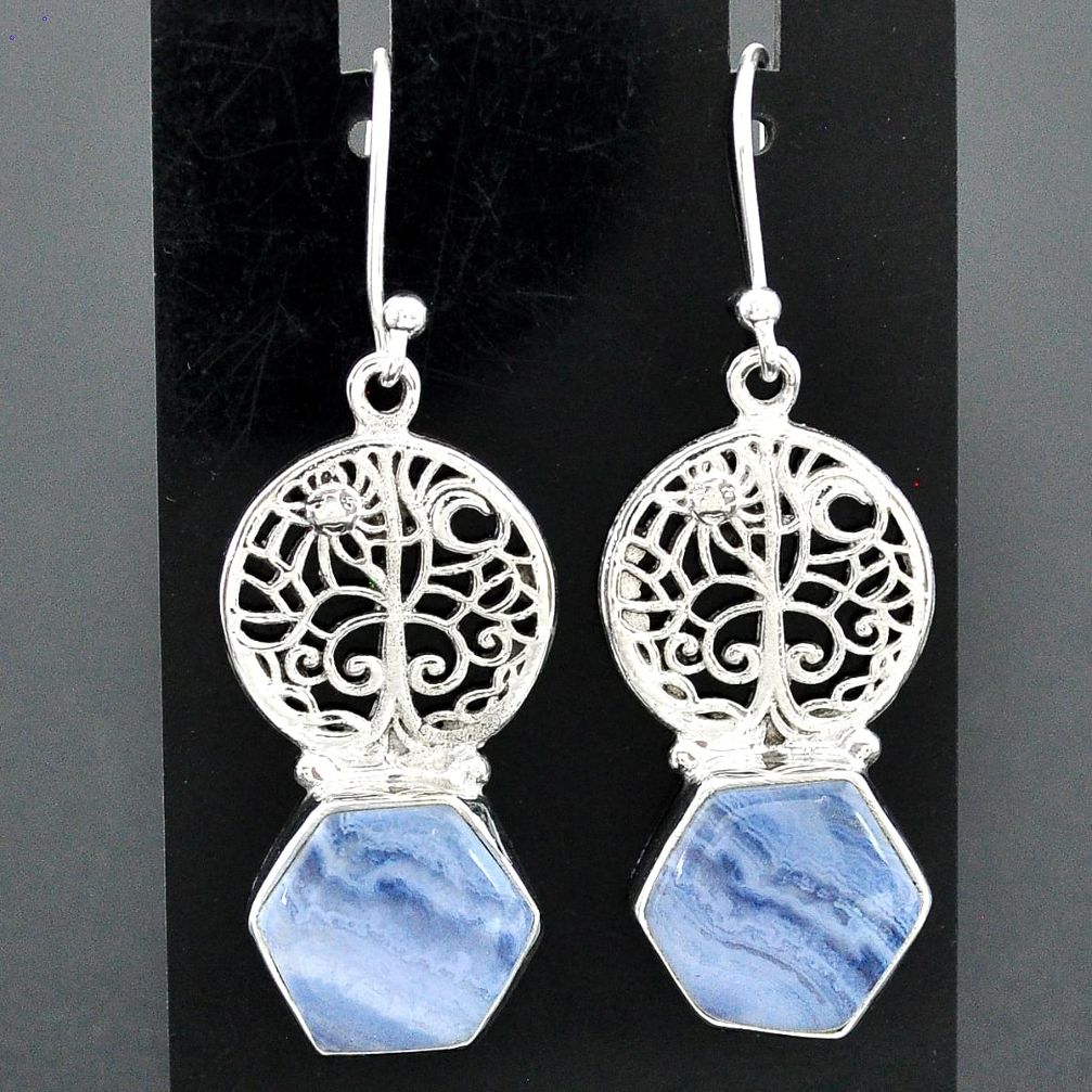 10.64cts natural blue lace agate 925 silver tree of life earrings r96815