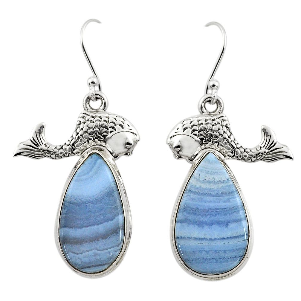 19.92cts natural blue lace agate 925 sterling silver fish earrings r45316