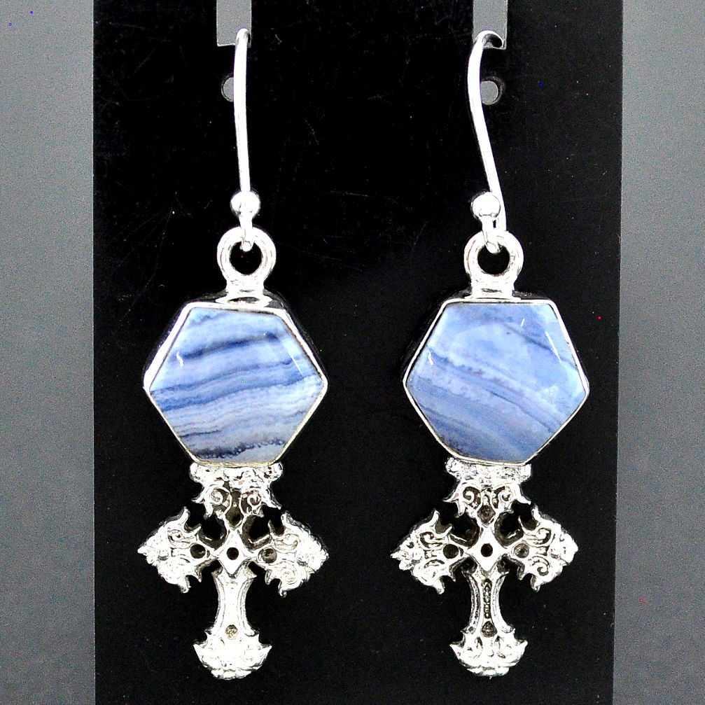 9.63cts natural blue lace agate 925 sterling silver holy cross earrings r96782
