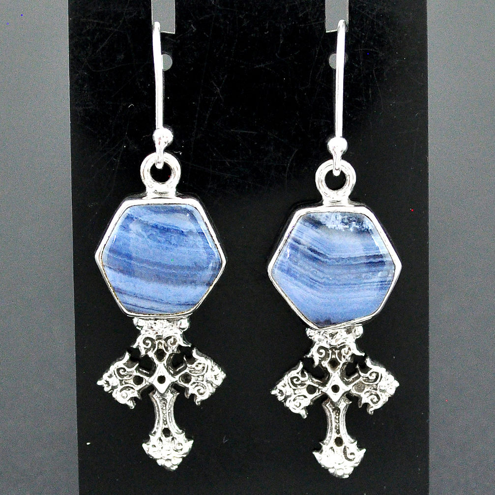 10.06cts natural blue lace agate 925 sterling silver holy cross earrings r96786