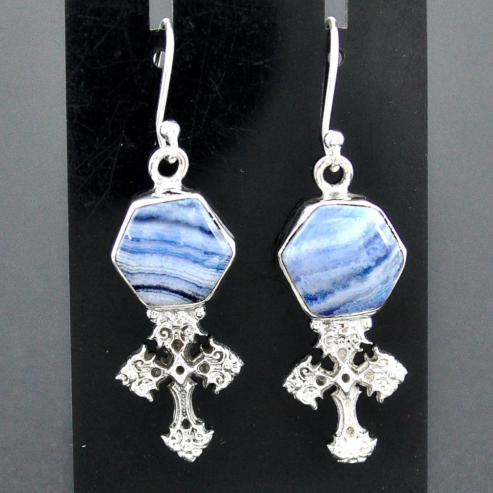 9.71cts natural blue lace agate 925 sterling silver holy cross earrings r96789