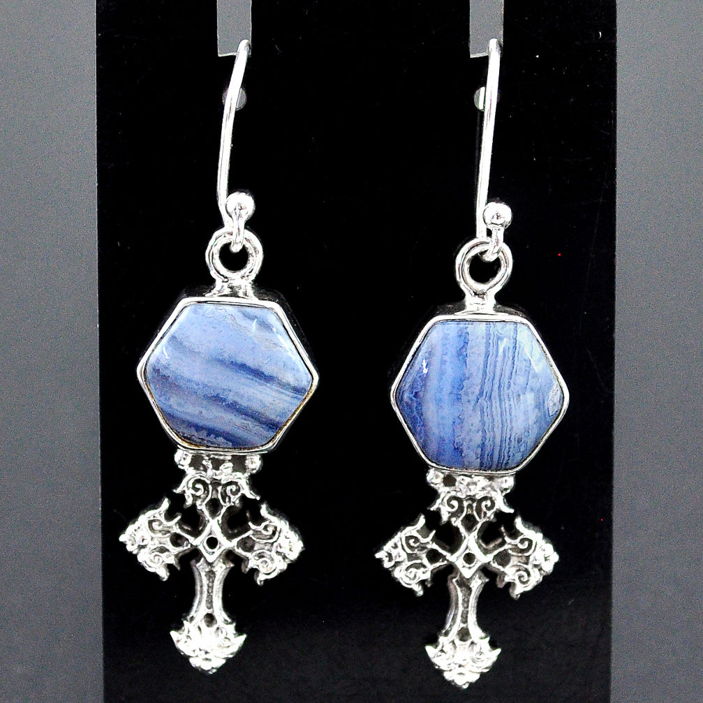 10.01cts natural blue lace agate 925 sterling silver holy cross earrings r96803