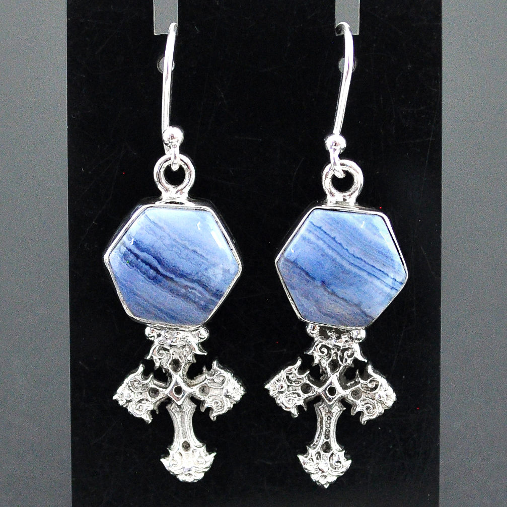 9.42cts natural blue lace agate 925 sterling silver holy cross earrings r96806