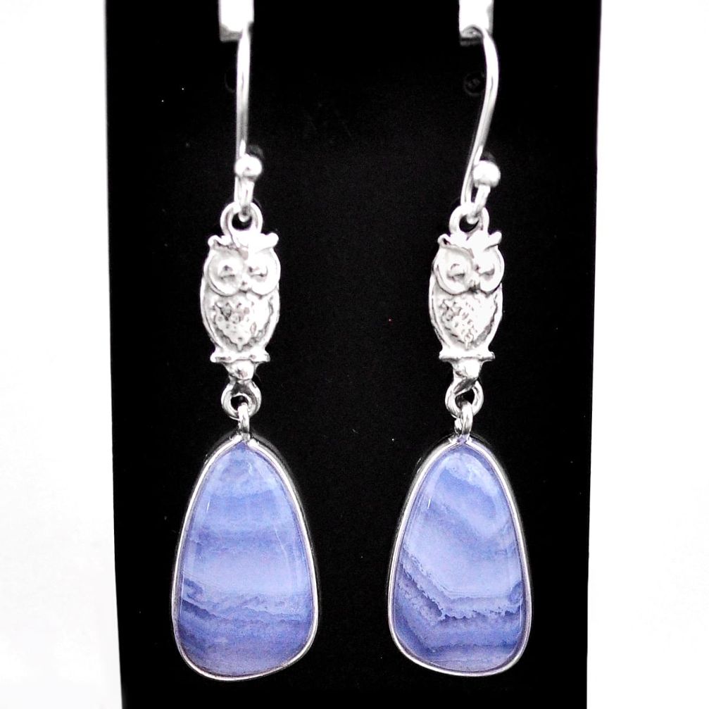 9.96cts natural blue lace agate 925 sterling silver owl earrings jewelry t60738