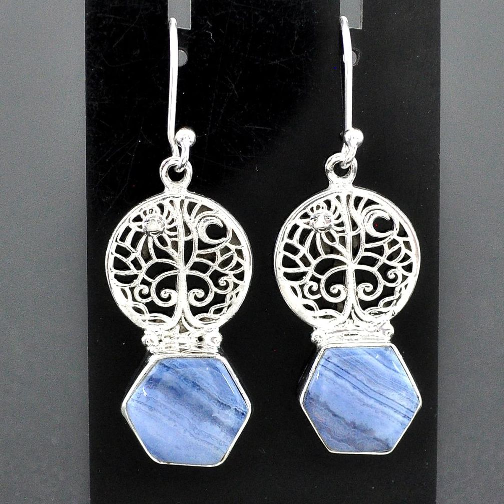 9.65cts natural blue lace agate 925 sterling silver tree of life earrings r96791