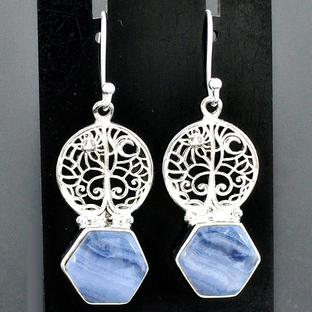 9.65cts natural blue lace agate 925 sterling silver tree of life earrings r96792