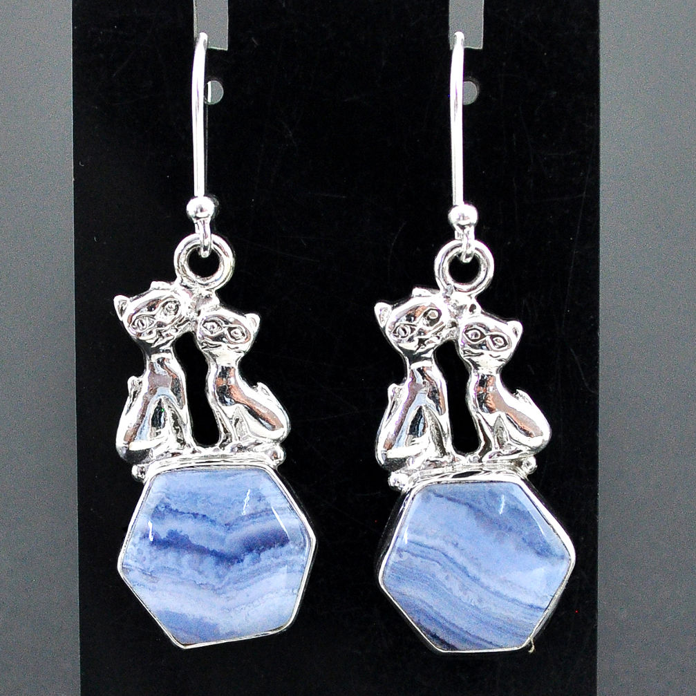 10.02cts natural blue lace agate 925 sterling silver two cats earrings r96809