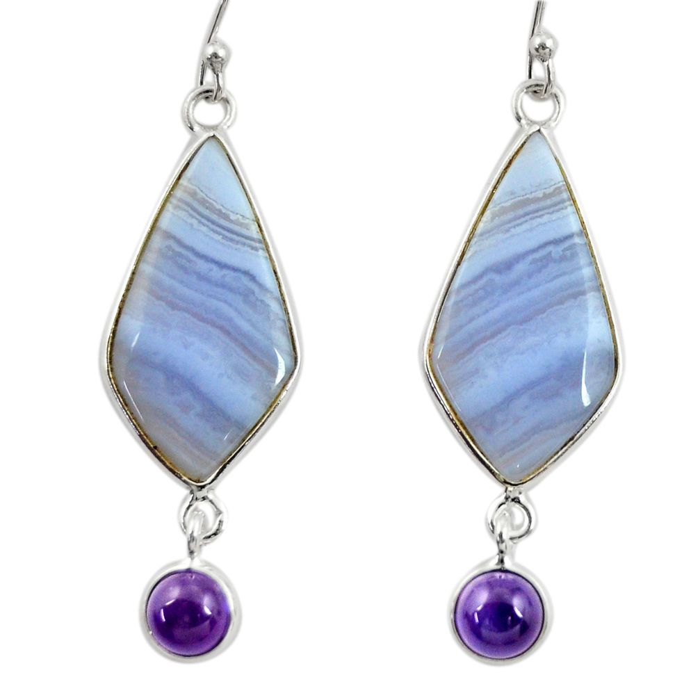 14.17cts natural blue lace agate amethyst 925 silver dangle earrings r28922