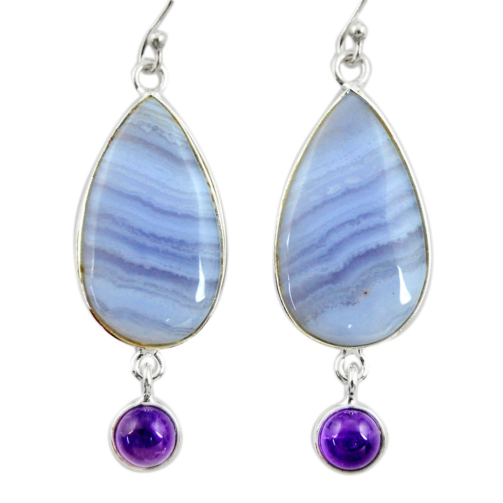 17.53cts natural blue lace agate amethyst 925 silver dangle earrings r28926