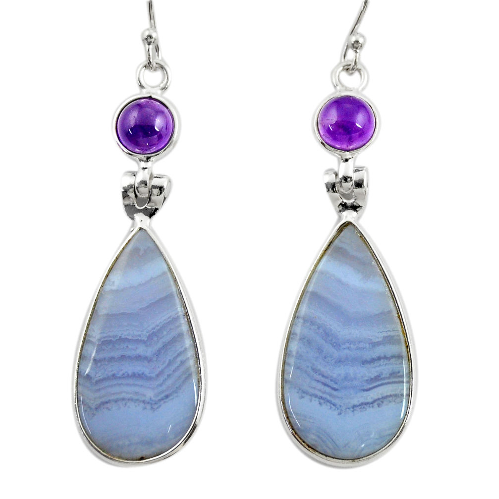 15.34cts natural blue lace agate amethyst 925 silver dangle earrings r28932
