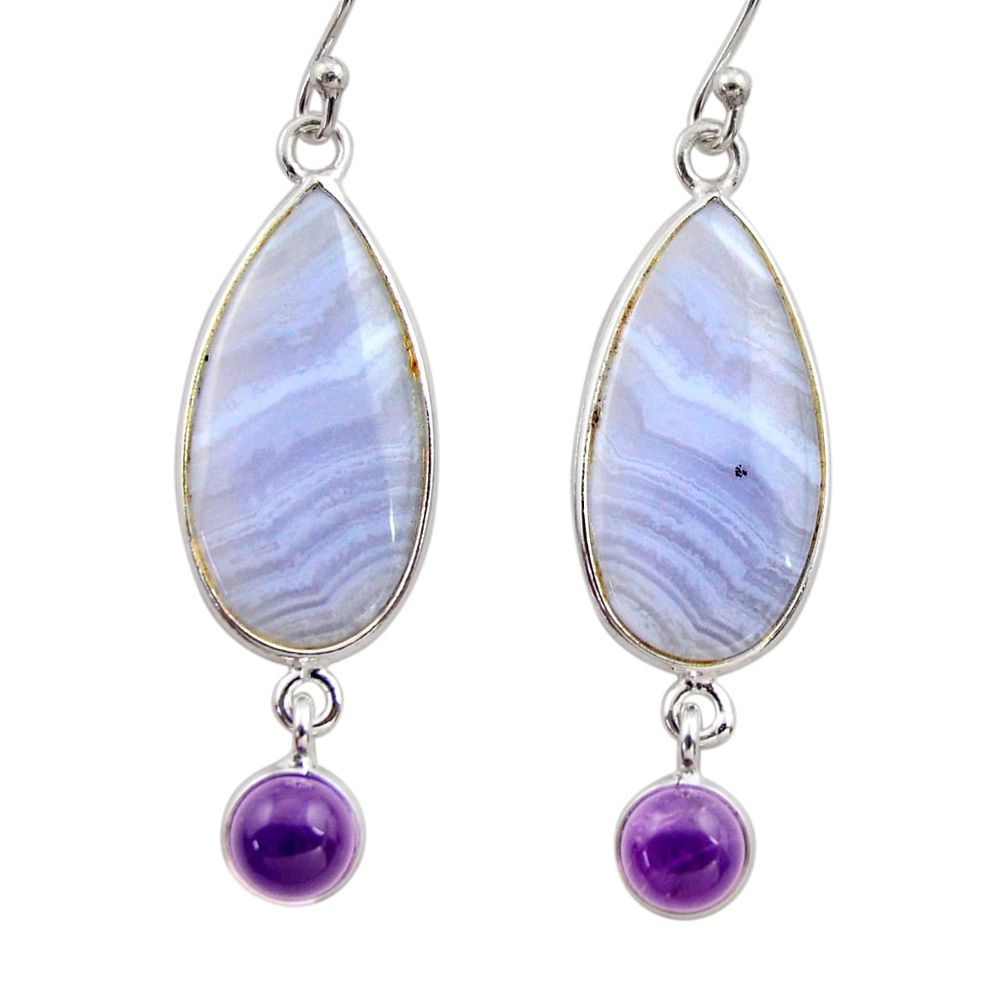 14.18cts natural blue lace agate amethyst 925 silver dangle earrings r30414