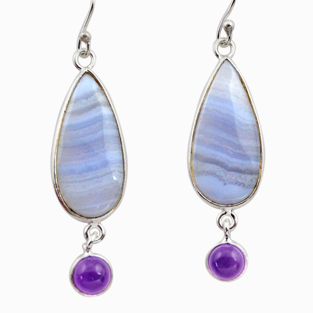 14.56cts natural blue lace agate amethyst 925 silver dangle earrings r30416