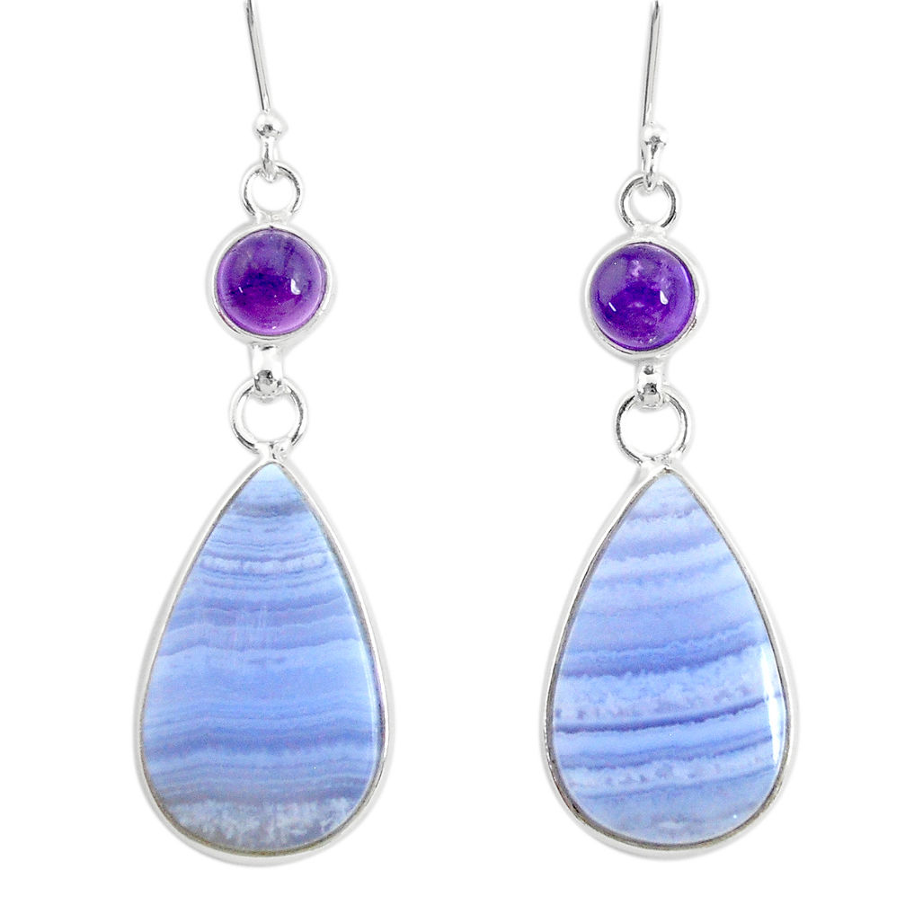 19.09cts natural blue lace agate amethyst 925 silver dangle earrings r86796