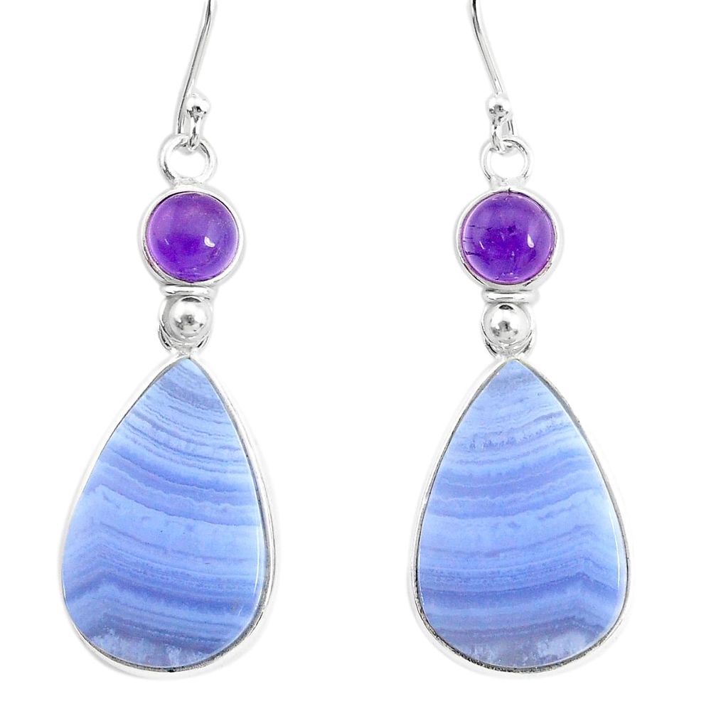 23.23cts natural blue lace agate amethyst 925 silver dangle earrings r86813