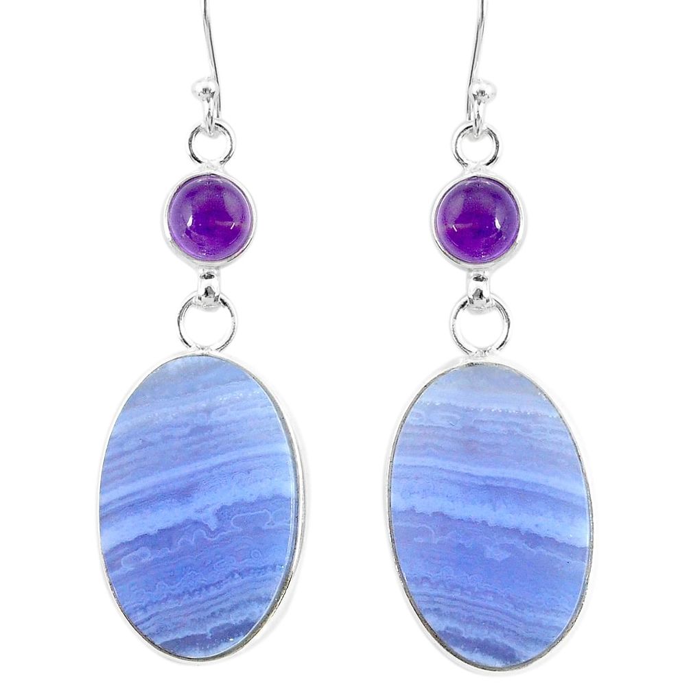 23.23cts natural blue lace agate amethyst 925 silver dangle earrings r86820