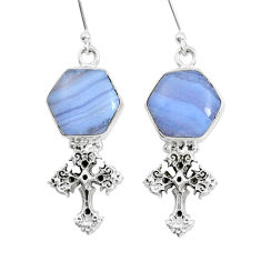11.89cts natural blue lace agate hexagon 925 silver holy cross earrings y12421