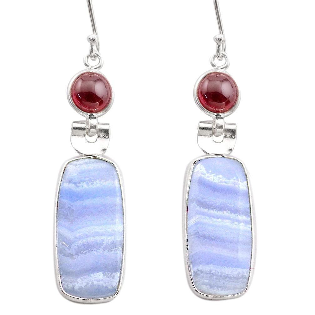 12.54cts natural blue lace agate red garnet 925 silver dangle earrings t61041