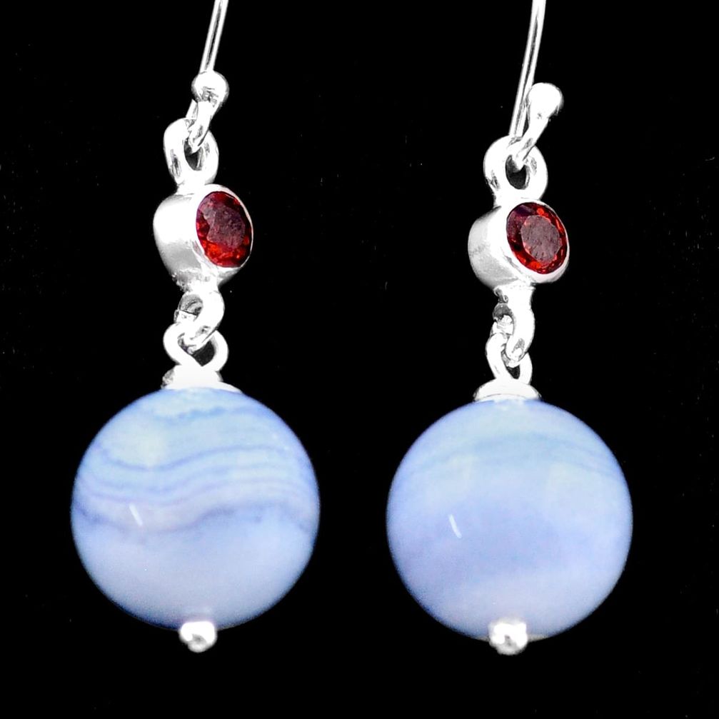 19.92cts natural blue lace agate red garnet 925 silver dangle earrings u34758