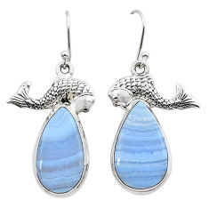 17.81cts natural blue lace agate sterling silver fish earrings jewelry y15490