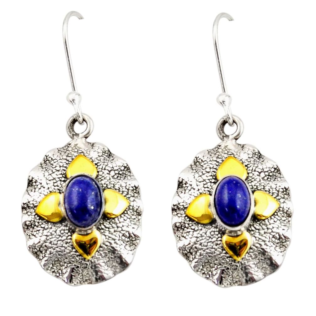 3.16cts natural blue lapis lazuli 925 silver 14k gold dangle earrings d47526