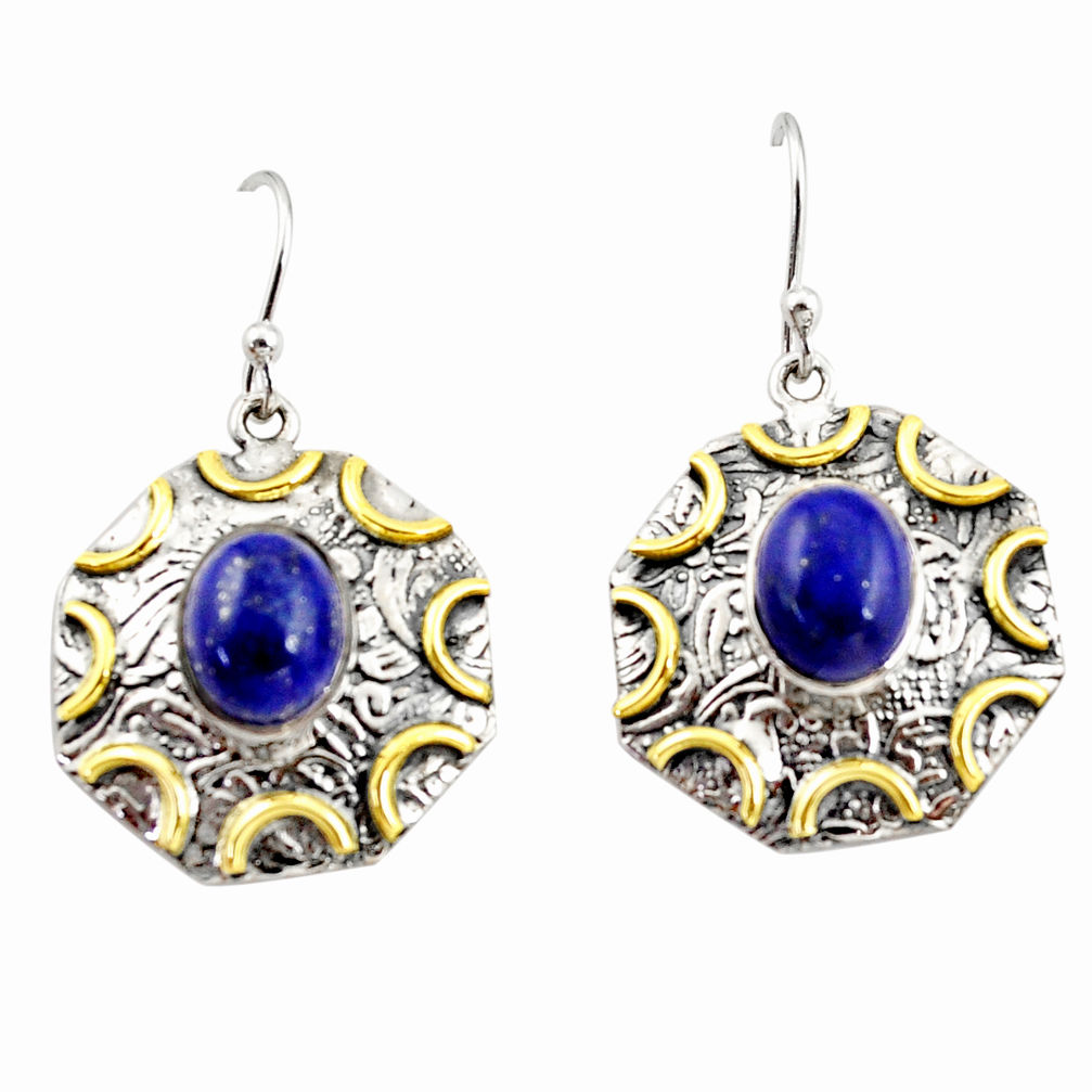 6.20cts natural blue lapis lazuli 925 silver 14k gold dangle earrings r37182