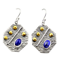Clearance Sale- 3.53cts natural blue lapis lazuli 925 silver 14k gold dangle earrings r37227