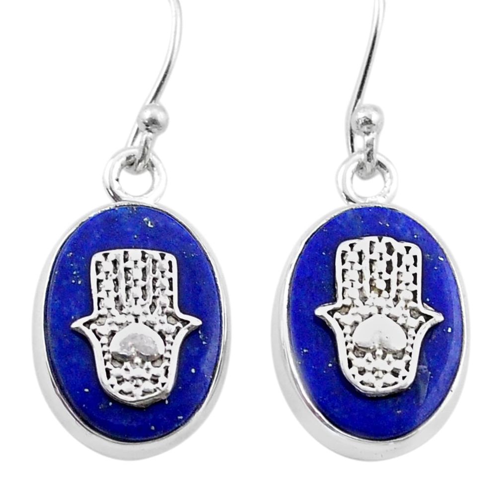 11.71cts natural blue lapis lazuli 925 silver hand of god hamsa coin enamel earrings u34673