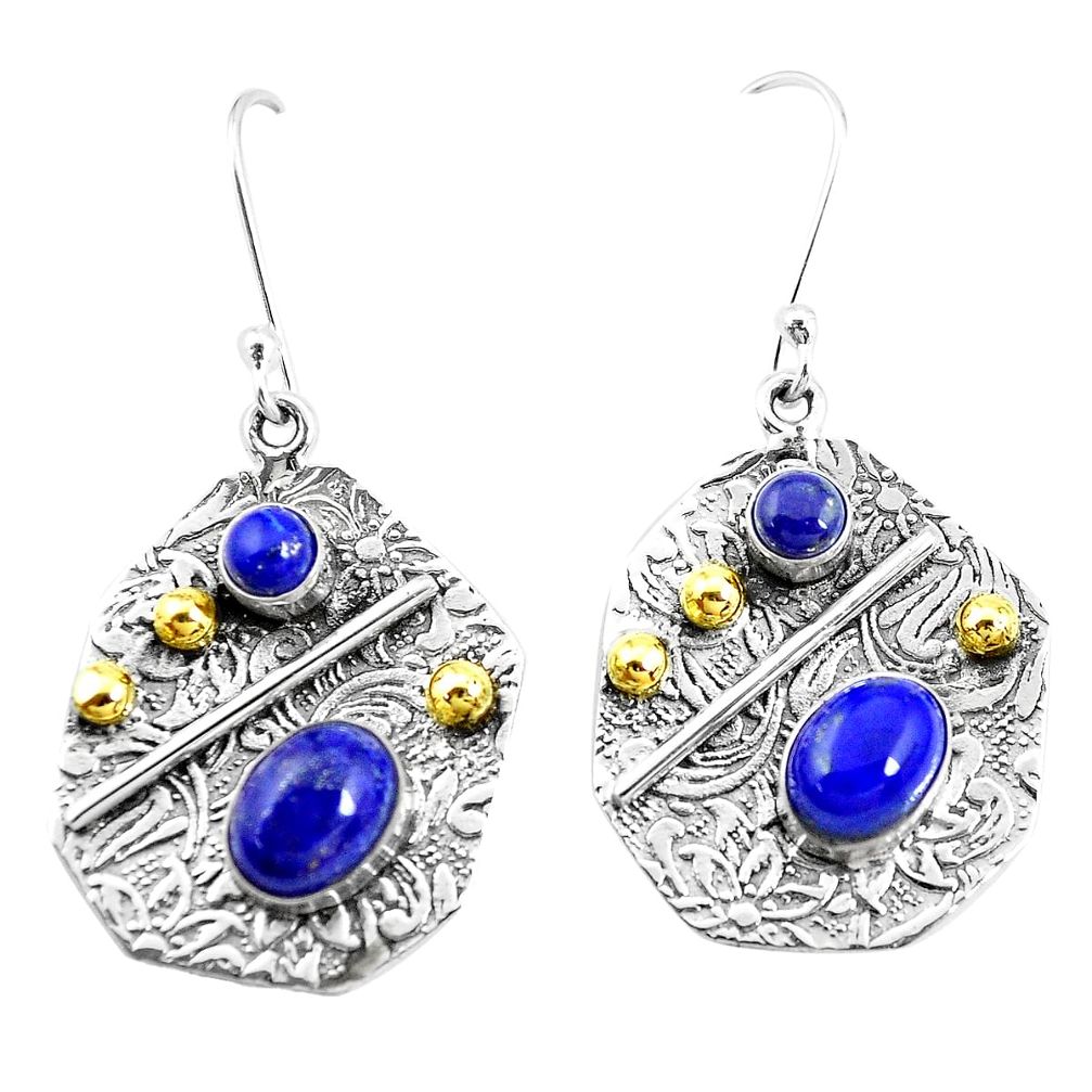 6.15cts natural blue lapis lazuli 925 silver two tone dangle earrings p21671