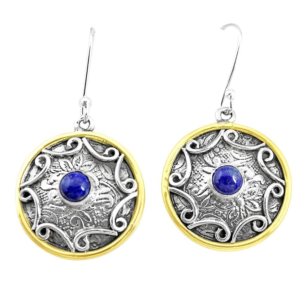 2.00cts natural blue lapis lazuli 925 silver two tone dangle earrings p21793