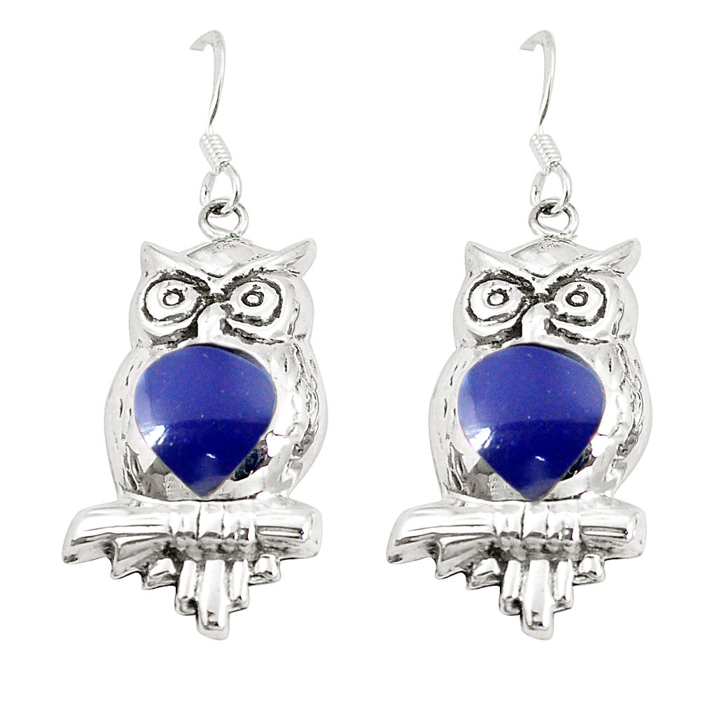 Natural blue lapis lazuli enamel 925 sterling silver owl earrings c11596