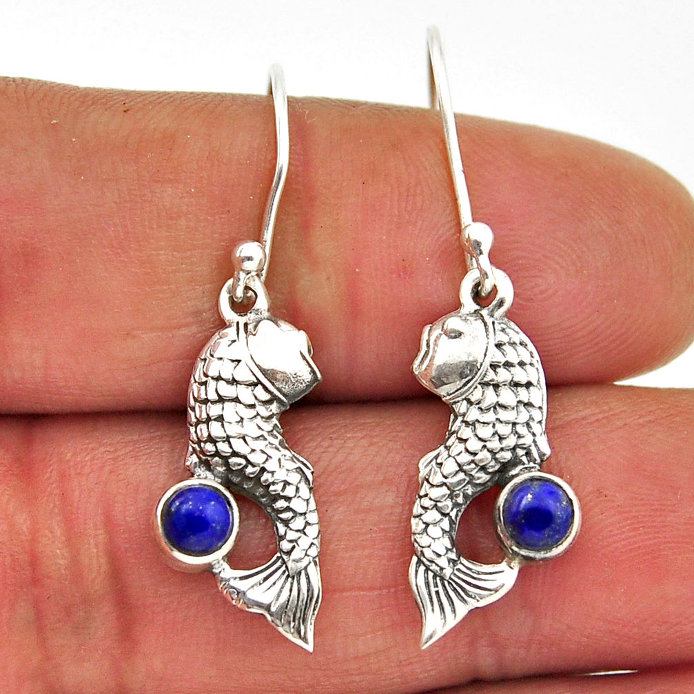 1.45cts natural blue lapis lazuli round 925 sterling silver fish earrings n29007