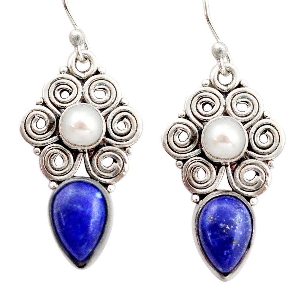 6.57cts natural blue lapis lazuli white pearl 925 silver dangle earrings r21974