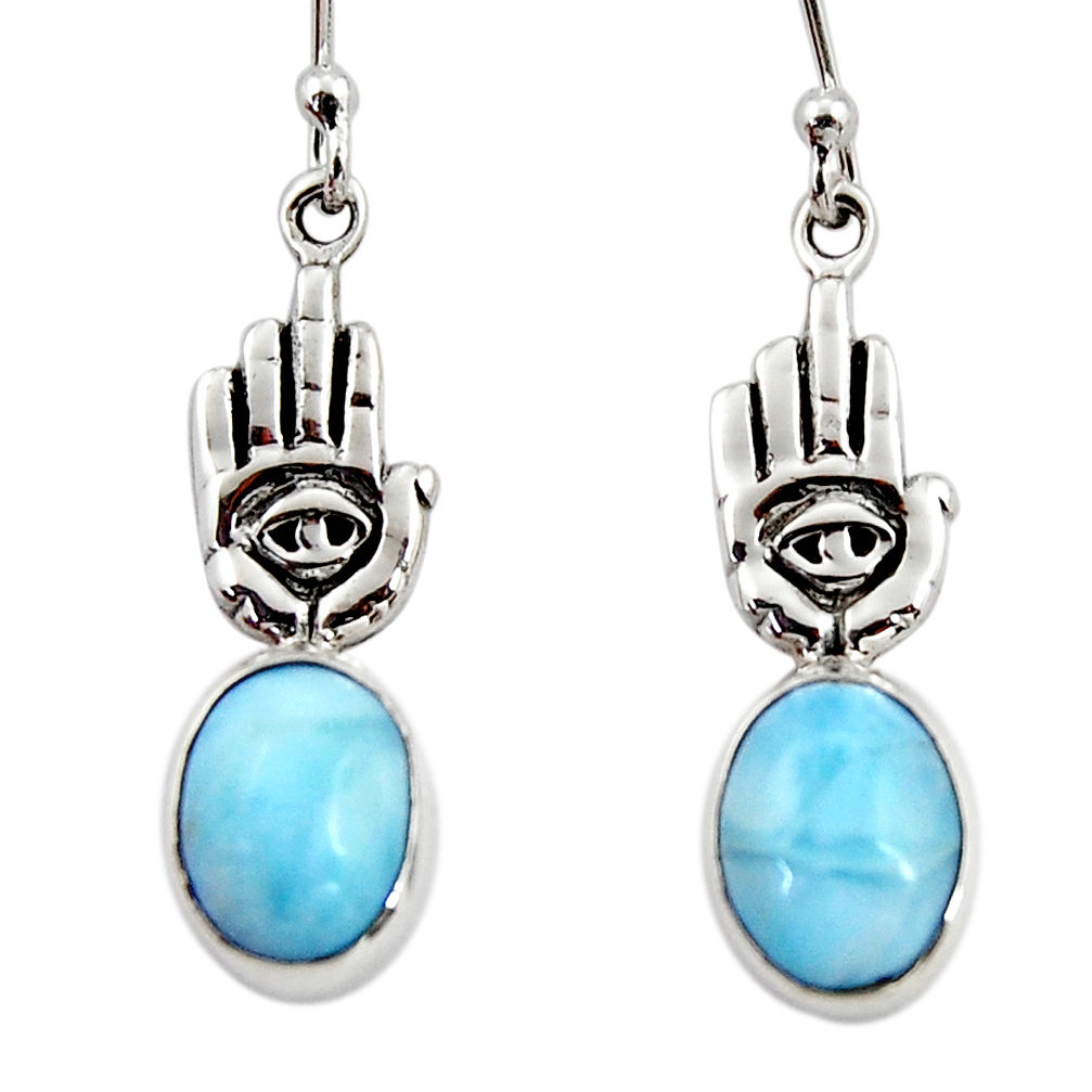 5.23cts natural blue larimar 925 silver hand of god hamsa earrings r48248