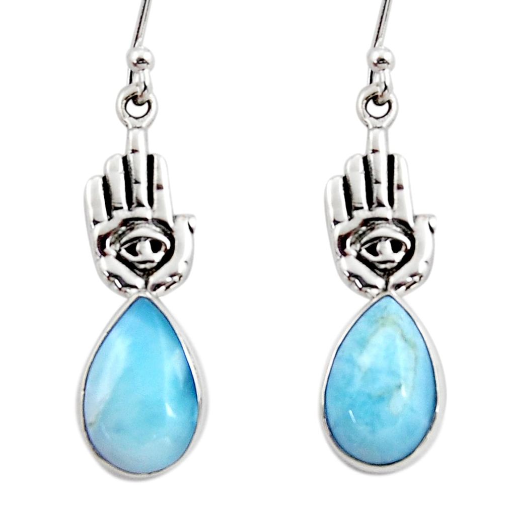 6.10cts natural blue larimar 925 silver hand of god hamsa earrings r48249