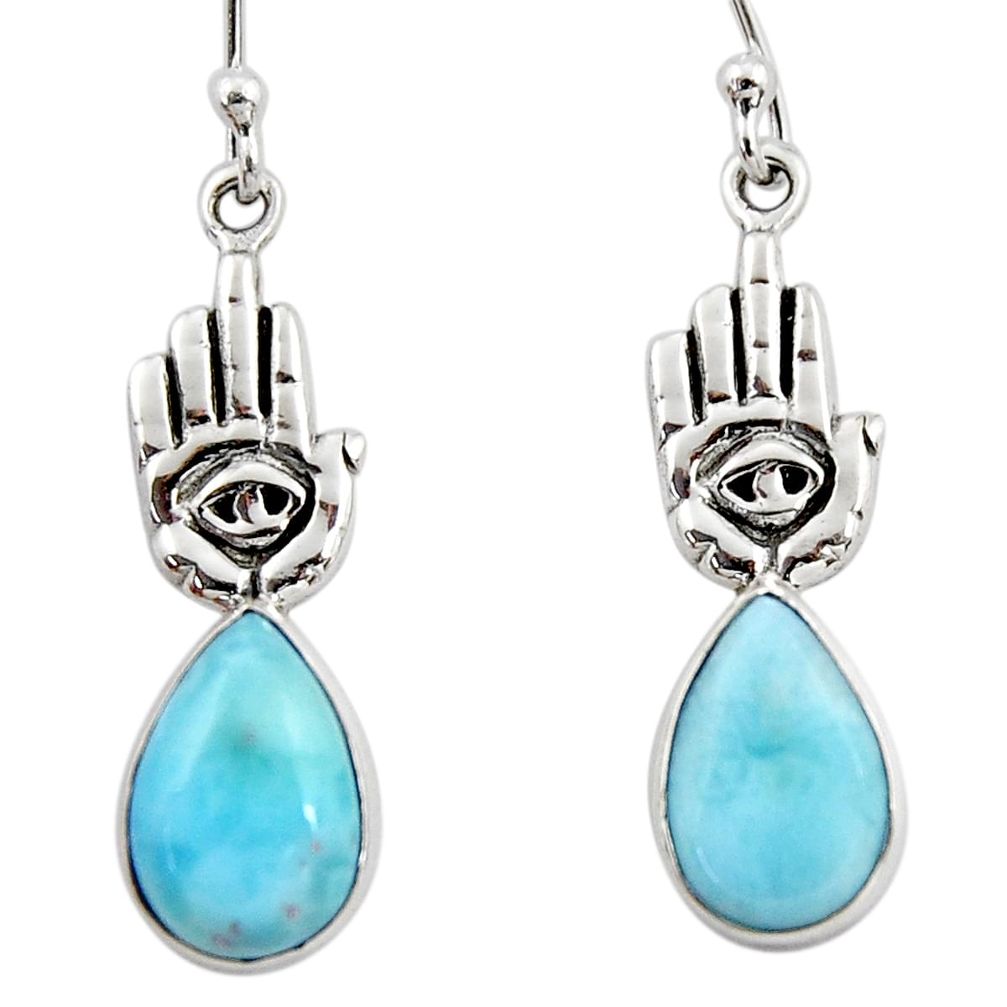 7.30cts natural blue larimar 925 silver hand of god hamsa earrings r48270