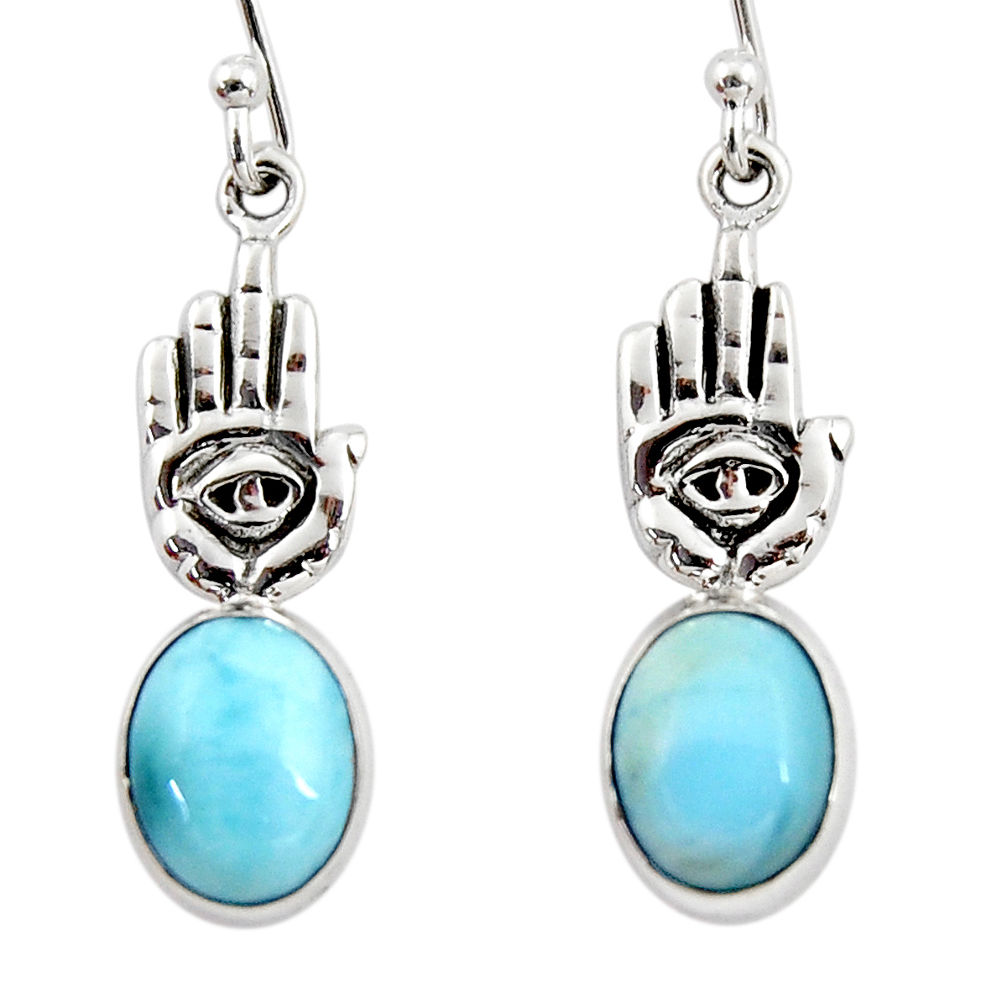 4.43cts natural blue larimar 925 silver hand of god hamsa earrings r48271