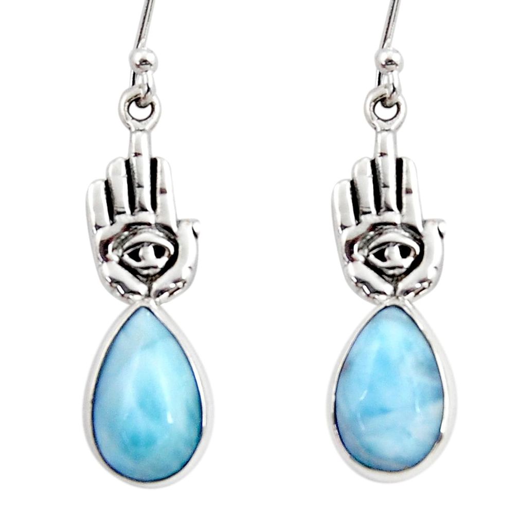 7.33cts natural blue larimar 925 silver hand of god hamsa earrings r48277