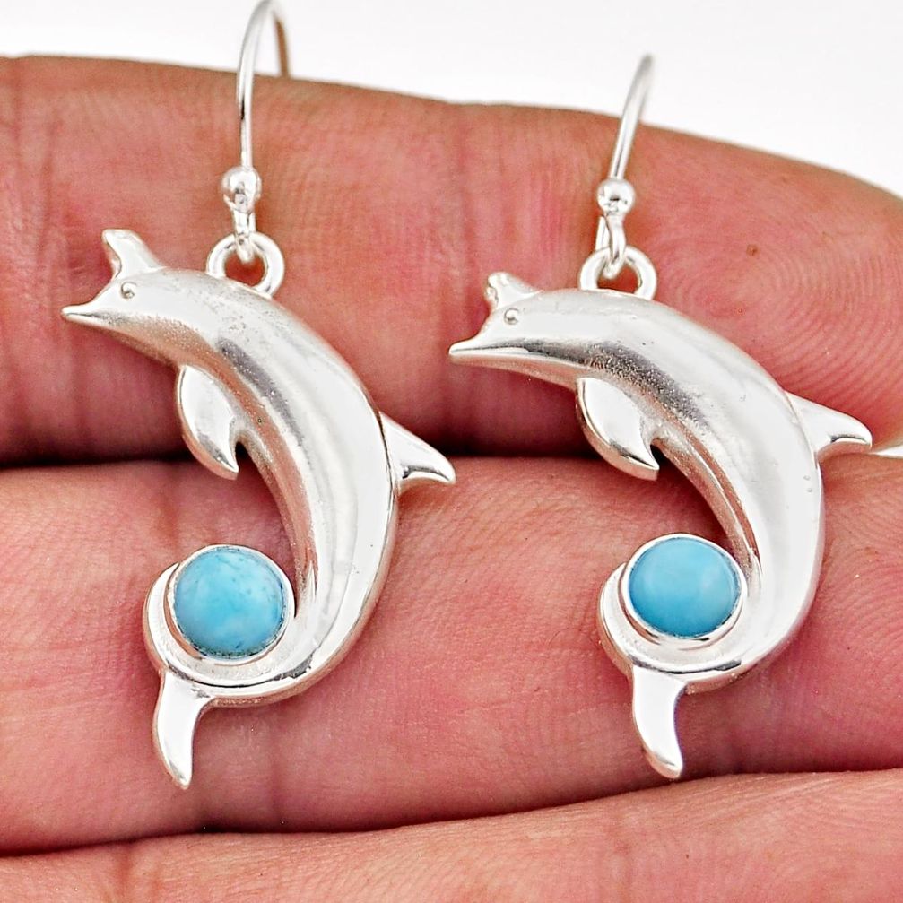 2.18cts natural blue larimar 925 sterling silver dolphin earrings jewelry n9928